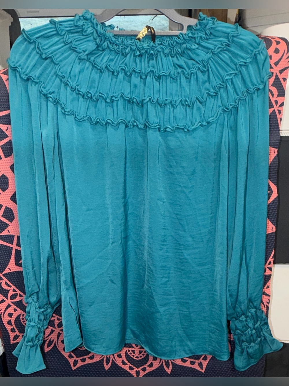 Kobi Halperin Teal Ruffle-Yoke Blouse